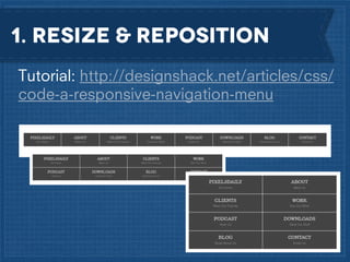 1. RESIZE & REposition
Tutorial: http://designshack.net/articles/css/
code-a-responsive-navigation-menu

 