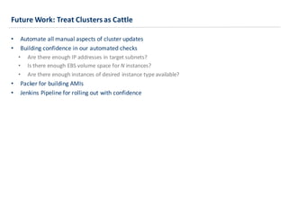 Future	
  Work:	
  Treat	
  Clusters	
  as	
  Cattle
• Automate	
  all	
  manual	
  aspects	
  of	
  cluster	
  updates
• Building	
  confidence	
  in	
  our	
  automated	
  checks
• Are	
  there	
  enough	
  IP	
  addresses	
  in	
  target	
  subnets?
• Is	
  there	
  enough	
  EBS	
  volume	
  space	
  for	
  N instances?
• Are	
  there	
  enough	
  instances	
  of	
  desired	
  instance	
  type	
  available?
• Packer	
  for	
  building	
  AMIs
• Jenkins	
  Pipeline	
  for	
  rolling	
  out	
  with	
  confidence
 