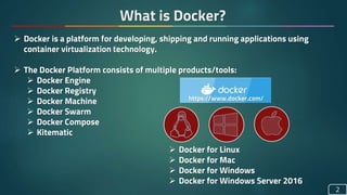 What is Docker?
2
 Docker is a platform for developing, shipping and running applications using
container virtualization technology.
 The Docker Platform consists of multiple products/tools:
 Docker Engine
 Docker Registry
 Docker Machine
 Docker Swarm
 Docker Compose
 Kitematic
 Docker for Linux
 Docker for Mac
 Docker for Windows
 Docker for Windows Server 2016
https://www.docker.com/
 