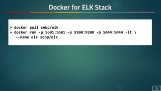 Docker for ELK Stack
24
 docker pull sebp/elk
 docker run -p 5601:5601 -p 9200:9200 -p 5044:5044 -it 
--name elk sebp/elk
 