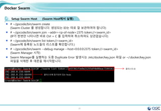20
Docker Swarm
Setup Swarm Host (Swarm Host에서 실행)
# ~/gocode/bin/swarm create
(Swarm Cluster 를 생성합니다. 생성되는 ID는 따로 잘 보관하여야 합니다)
# ~/gocode/bin/swarm join --addr=<ip-of-node>:2375 token://<swarm_id>
(IP가 한번만 나타나면 바로 Ctrl + C 를 입력하여 취소하여도 상관없습니다)
# ~/gocode/bin/swarm list token://<swarm_id>
(Swarm에 등록된 노드들의 리스트를 확인합니다.)
# ~/gocode/bin/swarm --debug manage --host=0.0.0.0:2375 token://<swarm_id>
(Swarm Manager 시작)
Swarm Manager를 실행하는 도중 Duplicate Error 발생시는 /etc/docker/key.json 파일 or ~/.docker/key.json
파일을 삭제한 후 데몬을 재시작합니다.
클러스터 ID
클러스터에 참가되어 있는 Node
 