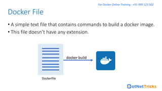 For Docker Online Training : +91-999 123 502
Docker File
Dockerfile
docker build
• A simple text file that contains commands to build a docker image.
• This file doesn’t have any extension.
 