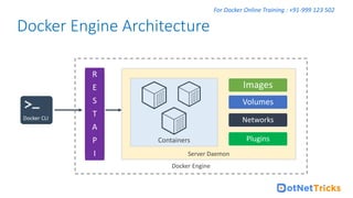 For Docker Online Training : +91-999 123 502
Server Daemon
Docker Engine Architecture
Volumes
Images
Networks
Plugins
R
E
S
T
A
P
I
Docker CLI
Docker Engine
Containers
 
