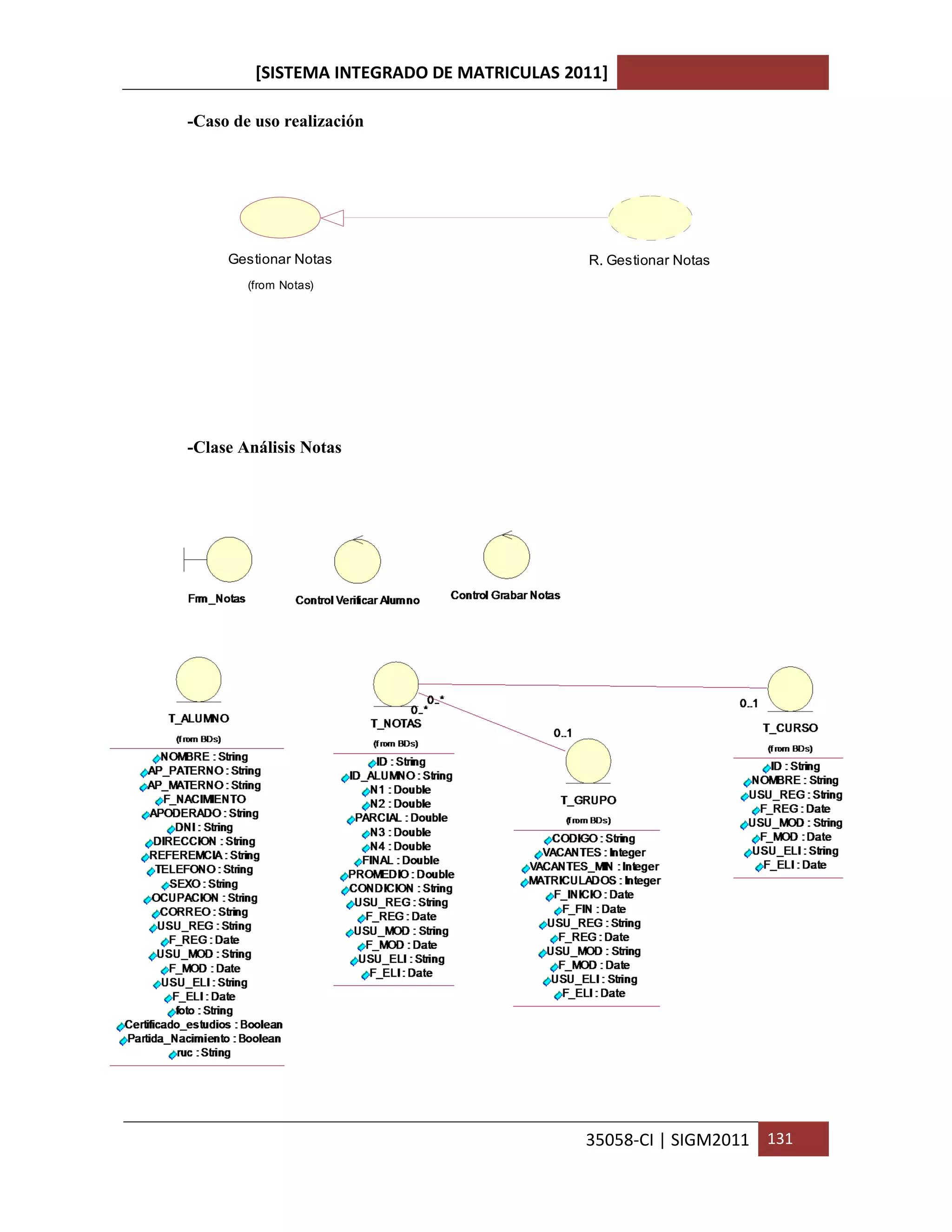 [SISTEMA INTEGRADO DE MATRICULAS 2011]

-Caso de uso realización




     Gestionar Notas                        R. Gestionar Notas
        (from Notas)




-Clase Análisis Notas




                                            35058-CI | SIGM2011 131
 