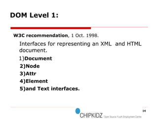 W3C recommendation , 1 Oct. 1998. Interfaces for representing an XML  and HTML document.  1) Document 2)Node 3)Attr 4)Element 5)and Text interfaces. DOM Level 1: 