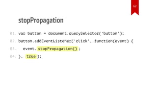 62

stopPropagation
0 .v r b t o = d c m n . u r S l c o ( b t o ' ;
1 a utn
ouetqeyeetr'utn)
0 .b t o . d E e t i t n r ' l c ' f n t o ( v n ) {
2 utnadvnLsee(cik, ucineet
0.
3

eet tprpgto(
v n .s o P o a a i n );

0 .} t u ;
4 , r e)

 