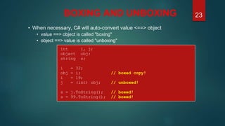 BOXING AND UNBOXING
• When necessary, C# will auto-convert value <==> object
• value ==> object is called "boxing"
• object ==> value is called "unboxing"
int i, j;
object obj;
string s;
i = 32;
obj = i; // boxed copy!
i = 19;
j = (int) obj; // unboxed!
s = j.ToString(); // boxed!
s = 99.ToString(); // boxed!
23
 