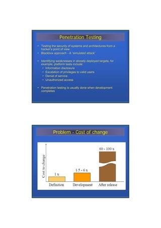 Penetration Testing
• Testing the security of systems and architectures from a
  hacker’s point of view
  hacker’
• Blackbox approach - A “simulated attack”
                                    attack”

• Identifying weaknesses in already deployed targets, for
  example, platform tests include:
   • Information disclosure
   • Escalation of privileges to valid users
   • Denial of service
   • Unauthorized access

• Penetration testing is usually done when development
  completes




           Problem - Cost of change
 