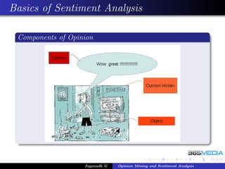Basics of Sentiment Analysis

 Components of Opinion




                   Jaganadh G   Opinion Mining and Sentiment Analysis
 