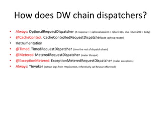 How does DW chain dispatchers?
• Always: OptionalRequestDispatcher (if response == optional.absent -> return 404, else return 200 + body)
• @CacheControl: CacheControlledRequestDispatcher(add caching header)
• Instrumentation
• @Timed: TimedRequestDispatcher (time the rest of dispatch chain)
• @Metered: MeteredRequestDispatcher (meter thruput)
• @ExceptionMetered: ExceptionMeteredRequestDispatcher (meter exceptions)
• Always: *Invoker (extract args from HttpContext, reflectlively call ResourceMethod)
 