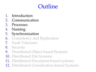 Outline
1. Introduction
2. Communication
3. Processes
4. Naming
5. Synchronization
6. Consistency and Replication
7. Fault Tolerance
8. Security
9. Distributed Object-based Systems
10. Distributed File Systems
11. Distributed Document-based systems
12. Distributed Coordination-based Systems
 