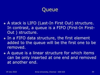 19 July 2022 Anna University, Chennai - 600 025 39
Queue
 A stack is LIFO (Last-In First Out) structure.
In contrast, a queue is a FIFO (First-In First-
Out ) structure.
 In a FIFO data structure, the first element
added to the queue will be the first one to be
removed.
 A queue is a linear structure for which items
can be only inserted at one end and removed
at another end.
 