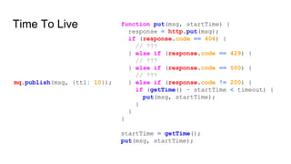 mq.publish(msg, {ttl: 10});
function put(msg, startTime) {
response = http.put(msg);
if (response.code == 404) {
// ???
} else if (response.code == 429) {
// ???
} else if (response.code == 500) {
// ???
} else if (response.code != 200) {
if (getTime() - startTime < timeout) {
put(msg, startTime);
}
}
}
startTime = getTime();
put(msg, startTime);
Time To Live
 