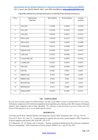 International Journal of Recent Research in Electrical and Electronics Engineering (IJRREEE) 
Vol. 1, Issue 1, pp: (34-42), Month: April - June 2014, Available at: www.paperpublications.org 
Page | 40 
TABLE III: COMPARATIVE OPTIMIZATION RESULTS FOR IEEE-57 BUS POWER SYSTEM (P.U.) 
Paper Publications 
S.No. Optimization 
Algorithm 
Best Solution Worst Solution Average 
Solution 
1 NLP [29] 0.25902 0.30854 0.27858 
2 CGA [29] 0.25244 0.27507 0.26293 
3 AGA [29] 0.24564 0.26671 0.25127 
4 PSO-w [29] 0.24270 0.26152 0.24725 
5 PSO-cf [29] 0.24280 0.26032 0.24698 
6 CLPSO [29] 0.24515 0.24780 0.24673 
7 SPSO-07 [29] 0.24430 0.25457 0.24752 
8 L-DE [29] 0.27812 0.41909 0.33177 
9 L-SACP-DE [29] 0.27915 0.36978 0.31032 
10 L-SaDE [29] 0.24267 0.24391 0.24311 
11 SOA [29] 0.24265 0.24280 0.24270 
12 LM [30] 0.2484 0.2922 0.2641 
13 MBEP1 [30] 0.2474 0.2848 0.2643 
14 MBEP2 [30] 0.2482 0.283 0.2592 
15 BES100 [30] 0.2438 0.263 0.2541 
16 BES200 [30] 0.3417 0.2486 0.2443 
17 Proposed IBA 0.22359 0.23492 0.23121 
VII. CONCLUSION 
IBA has been fruitfully applied for ORPD problem. The IBA based ORPD is tested in standard IEEE-57 bus system. 
Performance comparisons with well-known population-based algorithms give cheering results. IBA emerges to find good 
solutions when compared to that of other algorithms. The simulation results presented in previous section prove the 
ability of IBA approach to arrive at near global optimal solution. 
REFERENCES 
[1] O.Alsac,and B. Scott, “Optimal load flow with steady state security”,IEEE Transaction. PAS -1973, pp. 745-751. 
[2] Lee K Y ,Paru Y M , Oritz J L –A united approach to optimal real and reactive power dispatch , IEEE Transactions 
on power Apparatus and systems 1985: PAS-104 : 1147-1153 
[3] A.Monticelli , M .V.F Pereira ,and S. Granville , “Security constrained optimal power flow with post contingency 
corrective rescheduling” , IEEE Transactions on Power Systems :PWRS-2, No. 1, pp.175-182.,1987. 
 