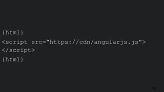 53
{html}
<script src=”https://cdn/angularjs.js”>
</script>
{html}
 