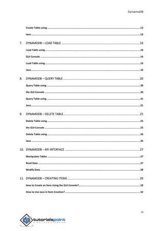 DynamoDB
iii
Create Table using.................................................................................................................................13
Java.......................................................................................................................................................13
7. DYNAMODB – LOAD TABLE ...............................................................................................16
Load Table using....................................................................................................................................16
GUI Console ..........................................................................................................................................16
Load Table using....................................................................................................................................16
Java.......................................................................................................................................................16
8. DYNAMODB – QUERY TABLE .............................................................................................20
Query Table using .................................................................................................................................20
the GUI Console ....................................................................................................................................20
Query Table using .................................................................................................................................21
Java.......................................................................................................................................................21
9. DYNAMODB – DELETE TABLE.............................................................................................25
Delete Table using.................................................................................................................................25
the GUI Console ....................................................................................................................................25
Delete Table using.................................................................................................................................26
Java.......................................................................................................................................................26
10. DYNAMODB – API INTERFACE ...........................................................................................27
Manipulate Tables ................................................................................................................................27
Read Data .............................................................................................................................................27
Modify Data ..........................................................................................................................................28
11. DYNAMODB – CREATING ITEMS........................................................................................29
How to Create an Item Using the GUI Console?.....................................................................................29
How to Use Java in Item Creation?........................................................................................................32
 