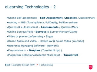 eLearning Technologies - 2
•Online Self-assessment – Self-Assessment, Checklist, QuestionMark
•eVoting – ARS (TurningPoint), PollDaddy, PollEverywhere
•Quizzes & e-Assessment - Assessments / QuestionMark
•Online Surveys/Polls –Surveys & Survey Monkey/Gizmo
•Video or phone conferencing - Skype
•Online Audio and Video – Hosted AV & Found Video (YouTube)
•Reference Managing Software - RefWorks
•E-submissions – Dropbox (TurnitinUK opt.)
•Plagiarism Detection/Academic Misconduct – TurnitinUK
Bold = available through NOW * = Collaborative
 