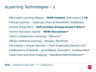eLearning Technologies - 1
•Re-usable Learning Objects – NOW Content (instruction) & LR
•Virtual Lectures – Captivate, Flash & PowerPoint, SlideShare
•Online Group Work - Self-enrolled Groups/Group Folders*
•Online discussion boards – NOW Discussions*
•Wiki’s (collaborative learning) - PBworks*
•Blogs (reflective learning) – Blogger, WordPress
•Simulation / Virtual role-play – Flash (Captivate)/Second Life*
•IWBs/Online Pinboards – SmartBoard, Scrumblr*, CorkboardMe*
•Real-Time text/Mind-mapping – OpenEtherPad/MindMeister*
•Social Resource Sharing/Curation – Twitter* Pinterest*
Bold = available through NOW * = Collaborative
 