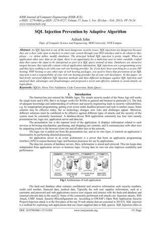 IOSR Journal of Computer Engineering (IOSR-JCE)
e-ISSN: 2278-0661,p-ISSN: 2278-8727, Volume 17, Issue 1, Ver. III (Jan – Feb. 2015), PP 19-24
www.iosrjournals.org
DOI: 10.9790/0661-17131924 www.iosrjournals.org 19 | Page
SQL Injection Prevention by Adaptive Algorithm
Ashish John
Dept. of Computer Science and Engineering, SRM University, NCR Campus
Abstract: An SQL Injection is one of the most dangerous security issues. SQL injections are dangerous because
they are a door wide open to hackers to enter your system through your Web interface and to do whatever they
please - i.e. delete tables, modify databases. The principal behind SQL injection is pretty simple. When an
application takes user data as an input, there is an opportunity for a malicious user to enter carefully crafted
data that causes the input to be interpreted as part of a SQL query instead of data. Databases are attractive
targets because they typically contain critical application information. SQL injections are a programming error
and they have nothing to do with your web site hosting provider. So, if you have been searching for a secure JSP
hosting, PHP hosting or any other type of web hosting packages, you need to know that prevention of an SQL
injection is not a responsibility of your web site hosting provider but of your web developers. In this paper, we
had firstly surveyed different SQL Injection methods and then different techniques against SQL Injection and
analyzed their advantages and disadvantages and proposed a novel and effective solution to avoid attacks on
login phase.
Keywords: SQLIA, Parse Tree Validation, Code Conversion, Static Query;
I. Introduction
The Internet has just entered the Middle Ages. The simple security model of the Stone Age still works
for single hosts and LANs. But it no longer works for WANs in general and Internet in particular [1]. The lack
of adequate knowledge and understanding of software and security engineering leads to security vulnerabilities,
e.g. by inappropriate programming, getting even worse under deadline pressure and rush to market issues. Some
solution may be effective today, but as technology changes, new risks and challenges appear. Moreover,
different solutions must be combined to be effective against different types of attacks and the security of the
system must be constantly monitored. A database-driven Web application commonly has four tiers namely
presentation tier, logic tier, application server and data tier.
The presentation tier is the topmost level of the application. It displays information related to such
services as browsing merchandise, purchasing, and shopping cart contents, and it communicates with other tiers
by outputting results to the browser/client tier and all other tiers in the network.
The logic tier is pulled out from the presentation tier, and as its own layer, it controls an application‟s
functionality by performing detailed processing.
An application server in an n-tier architecture is a server that hosts an application programming
interface (API) to expose business logic and business processes for use by applications.
The data tier consists of database servers. Here, information is stored and retrieved. This tier keeps data
independent from application servers or business logic. Giving data its own tier also improves scalability and
performance.
Fig.1 Architecture of web application
The back-end database often contains confidential and sensitive information such security numbers,
credit card number, financial data, medical data. Typically the web user supplies information, such as a
username and password and web applications receive user request and interact with the back-end database and
returned relevant data to the user[2]. Some of the commonly performed web attacks are: Injection attacks, XSS
Attack, CSRF Attack, Security Misconfiguration etc. According to OWASP ( Open Web Application Security
Project) Injection attack is at the first place of the top 10 web attacks that are executed in 2013[3]. SQL injection
is a method for exploiting web applications that use client-supplied data in SQL queries. SQL Injection refers to
 