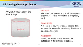 Addressing dataset problems
© 2025 Squint AI Inc. 9
ENTROPY
The variance that each unit of information can
experience (before information is completely
lost).
COMPLEXITY
A measure of how many categories and data
samples are required to accurately describe the
operational domain.
AMBIGUITY
How much overlap exists between the
datapoints in the different categories.
Why is it difficult to get the
dataset right?
Dataset
 