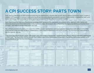 9www.highjump.com
A CPI SUCCESS STORY: PARTS TOWN
Parts Town is a distributor of OEM restaurant parts that has experienced a double-digit growth rate for several consecutive years. It knew it
needed a CPI approach to ensure it was improving efficiencies and profitability alongside its growth. Concurrently, it needed the right ware-
house technology that could adapt to its fast-growing business and the flexibility that would be needed.
Parts Town chose the HighJump Warehouse Advantage WMS because of its adaptability and process-driven approach. After talking with
HighJump about some of the improvements they wanted to make, the company felt confident that the HighJump WMS could handle those
changes - and adapt to fit their needs down the road.
The company prioritized flexibility in its search for a WMS, and also approached continuous process improvement with agility in mind. While
it followed the cycles and steps of CPI as outlined above, it didn’t need to implement a formal CPI process. The improvements were simple to
identify, execute, and see.
“Parts Town has one distribution center, a few dozen users and no team of developers,” explained Kenny William, director of process improvement
at Parts Town. “We have a wish list, for example, but it doesn’t take a lot of stakeholders to approve it. That allows me to move quickly, so CPI
for us is literally an hour-by-hour occurrence.”
 