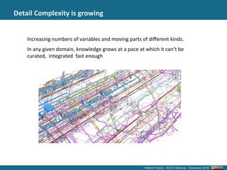 Detail	
  Complexity	
  is	
  growing	
  	
  
	
  
	
  
Helene Finidori - September 2015 -
	
  
Increasing	
  numbers	
  of	
  variables	
  and	
  moving	
  parts	
  of	
  diﬀerent	
  kinds.	
  
In	
  any	
  given	
  domain,	
  knowledge	
  grows	
  at	
  a	
  pace	
  at	
  which	
  it	
  can’t	
  be	
  
curated,	
  	
  integrated	
  	
  fast	
  enough	
  
	
  
Helene Finidori – ECCO Seminar - December 2016
 