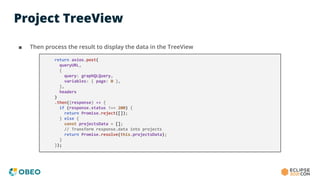 Project TreeView
■ Then process the result to display the data in the TreeView
return axios.post(
queryURL,
{
query: graphQLQuery,
variables: { page: 0 },
},
headers
)
.then((response) => {
if (response.status !== 200) {
return Promise.reject([]);
} else {
const projectsData = [];
// Transform response.data into projects
return Promise.resolve(this.projectsData);
}
});
 