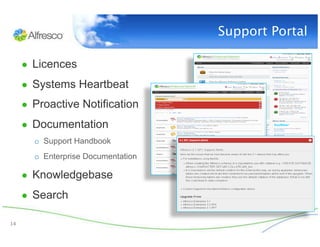 Support Portal

      ●  Licences

      ●  Systems Heartbeat
      ●  Proactive Notification

      ●  Documentation
        o  Support Handbook
        o  Enterprise Documentation

      ●  Knowledgebase

      ●  Search

14
 