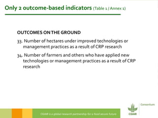 Only 2 outcome-based indicators (Table 1 / Annex 1)
OUTCOMES ONTHE GROUND
33. Number of hectares under improved technologies or
management practices as a result of CRP research
34. Number of farmers and others who have applied new
technologies or management practices as a result of CRP
research
 