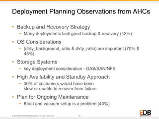 © 2014 EnterpriseDB Corporation. All rights reserved. 37
•  Backup and Recovery Strategy
−  Many deployments lack good backup & recovery (43%)
•  OS Considerations
−  (dirty_background_ratio & dirty_ratio) are important (70% &
45%)
•  Storage Systems
−  key deployment consideration - DAS/SAN/NFS
•  High Availability and Standby Approach
−  30% of customers would have been
slow or unable to recover from failure
•  Plan for Ongoing Maintenance
−  Bloat and vacuum setup is a problem (43%)
Deployment Planning Observations from AHCs
 