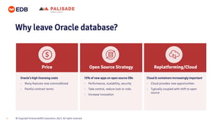 © Copyright EnterpriseDB Corporation, 2021. All rights reserved.
9
Why leave Oracle database?
Oracle’s high licensing costs
• Many features now commoditized
• Painful contract terms
70% of new apps on open source DBs
• Performance, scalability, security
• Take control, reduce lock-in risks
• Increase innovation
Cloud & containers increasingly important
• Cloud provides new opportunities
• Typically coupled with shift to open
source
Price Open Source Strategy Replatforming/Cloud
 
