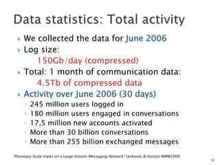    We collected the data for June 2006
     Log size:
         150Gb/day (compressed)
     Total: 1 month of communication data:
         4.5Tb of compressed data
     Activity over June 2006 (30 days)
      ◦   245 million users logged in
      ◦   180 million users engaged in conversations
      ◦   17,5 million new accounts activated
      ◦   More than 30 billion conversations
      ◦   More than 255 billion exchanged messages
“Planetary-Scale Views on a Large Instant-Messaging Network” Leskovec & Horvitz WWW2008
                                                                                          52
 