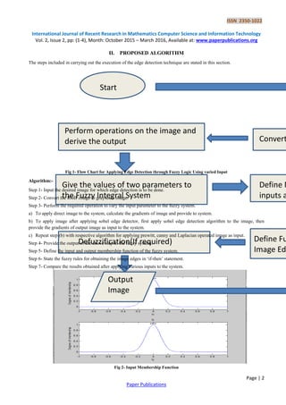 ISSN 2350-1022
International Journal of Recent Research in Mathematics Computer Science and Information Technology
Vol. 2, Issue 2, pp: (1-4), Month: October 2015 – March 2016, Available at: www.paperpublications.org
Page | 2
Paper Publications
Start
Convert
Perform operations on the image and
derive the output
Give the values of two parameters to
the Fuzzy Integral System
Define M
inputs a
Define Fu
Image Ed
Defuzzification(If required)
Output
Image
II. PROPOSED ALGORITHM
The steps included in carrying out the execution of the edge detection technique are stated in this section.
Fig 1- Flow Chart for Applying Edge Detection through Fuzzy Logic Using varied Input
Algorithm:-
Step 1- Input the desired image for which edge detection is to be done.
Step 2- Convert the RGB image to grayscale image.
Step 3- Perform the required operation to vary the input parameter to the fuzzy system.
a) To apply direct image to the system, calculate the gradients of image and provide to system.
b) To apply image after applying sobel edge detector, first apply sobel edge detection algorithm to the image, then
provide the gradients of output image as input to the system.
c) Repeat step (b) with respective algorithm for applying prewitt, canny and Laplacian operated image as input.
Step 4- Provide the output of the above step to the fuzzy system.
Step 5- Define the input and output membership function of the fuzzy system.
Step 6- State the fuzzy rules for obtaining the image edges in „if-then‟ statement.
Step 7- Compare the results obtained after applying various inputs to the system.
Fig 2- Input Membership Function
 