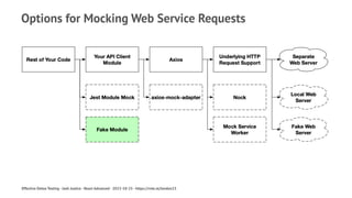 Options for Mocking Web Service Requests
Effective Detox Testing - Josh Justice - React Advanced - 2023-10-25 - https://rnte.st/london23
 