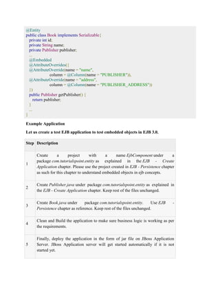 @Entity 
public class Book implements Serializable{ 
private int id; 
private String name; 
private Publisher publisher; 
... 
@Embedded 
@AttributeOverrides({ 
@AttributeOverride(name = "name", 
column = @Column(name = "PUBLISHER")), 
@AttributeOverride(name = "address", 
column = @Column(name = "PUBLISHER_ADDRESS")) 
}) 
public Publisher getPublisher() { 
return publisher; 
} 
... 
} 
Example Application 
Let us create a test EJB application to test embedded objects in EJB 3.0. 
Step Description 
1 
Create a project with a name EjbComponent under a 
package com.tutorialspoint.entity as explained in the EJB - Create 
Application chapter. Please use the project created in EJB - Persistence chapter 
as such for this chapter to understand embedded objects in ejb concepts. 
2 
Create Publisher.java under package com.tutorialspoint.entity as explained in 
the EJB - Create Application chapter. Keep rest of the files unchanged. 
3 
Create Book.java under package com.tutorialspoint.entity. Use EJB - 
Persistence chapter as reference. Keep rest of the files unchanged. 
4 
Clean and Build the application to make sure business logic is working as per 
the requirements. 
5 
Finally, deploy the application in the form of jar file on JBoss Application 
Server. JBoss Application server will get started automatically if it is not 
started yet. 
 