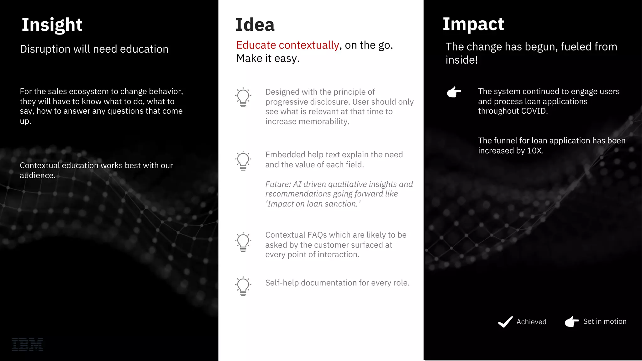 Disruption will need education Educate contextually, on the go.
Make it easy.
Contextual education works best with our
audience.
For the sales ecosystem to change behavior,
they will have to know what to do, what to
say, how to answer any questions that come
up.
Embedded help text explain the need
and the value of each field.
Future: AI driven qualitative insights and
recommendations going forward like
‘Impact on loan sanction.’
Designed with the principle of
progressive disclosure. User should only
see what is relevant at that time to
increase memorability.
The change has begun, fueled from
inside!
Contextual FAQs which are likely to be
asked by the customer surfaced at
every point of interaction.
The system continued to engage users
and process loan applications
throughout COVID.
The funnel for loan application has been
increased by 10X.
Self-help documentation for every role.
Set in motionAchieved
Insight ImpactIdea
 