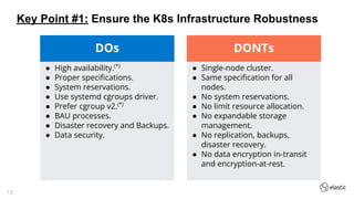 13
● High availability.(*)
● Proper speciﬁcations.
● System reservations.
● Use systemd cgroups driver.
● Prefer cgroup v2.(*)
● BAU processes.
● Disaster recovery and Backups.
● Data security.
DOs
● Single-node cluster.
● Same speciﬁcation for all
nodes.
● No system reservations.
● No limit resource allocation.
● No expandable storage
management.
● No replication, backups,
disaster recovery.
● No data encryption in-transit
and encryption-at-rest.
DONTs
Key Point #1: Ensure the K8s Infrastructure Robustness
 