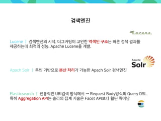 검색엔진
Lucene ㅣ 검색엔진의 시작. 더그커팅이 고안한 역색인 구조는 빠른 검색 결과를
제공하는데 최적의 성능. Apache Lucene을 개발.
Apach Solr ㅣ 루씬 기반으로 분산 처리가 가능한 Apach Solr 검색엔진
Elasticsearch ㅣ 전통적인 URI검색 방식에서 → Request Body방식의 Query DSL.
특히 Aggregation API는 솔라의 집계 기술은 Facet API보다 훨씬 뛰어남
 