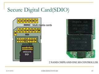 Multi media cards 
2 NAND CHIPS AND ONE SD CONTROLLER 
Secure Digital Card(SDIO) 
18-10-2014 
60 
EMBEDDED SYSTEMS  