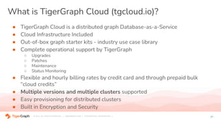 © 2021. ALL RIGHTS RESERVED. | TIGERGRAPH.COM | CONFIDENTIAL INFORMATION |
What is TigerGraph Cloud (tgcloud.io)?
● TigerGraph Cloud is a distributed graph Database-as-a-Service
● Cloud Infrastructure Included
● Out-of-box graph starter kits - industry use case library
● Complete operational support by TigerGraph
○ Upgrades
○ Patches
○ Maintenance
○ Status Monitoring
● Flexible and hourly billing rates by credit card and through prepaid bulk
“cloud credits”
● Multiple versions and multiple clusters supported
● Easy provisioning for distributed clusters
● Built in Encryption and Security
21
 