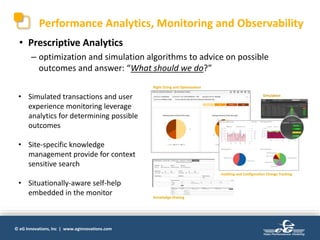 © eG Innovations, Inc | www.eginnovations.com
Performance Analytics, Monitoring and Observability
• Prescriptive Analytics
– optimization and simulation algorithms to advice on possible
outcomes and answer: “What should we do?”
• Simulated transactions and user
experience monitoring leverage
analytics for determining possible
outcomes
• Site-specific knowledge
management provide for context
sensitive search
• Situationally-aware self-help
embedded in the monitor
Right Sizing and Optimization
Auditing and Configuration Change Tracking
Knowledge Sharing
Simulation
 