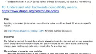 ©2017 Acquia Inc. — Confidential and Proprietary32
#3: Understand what backwards-compatibility means.
https://www.drupal.org/core/d8-bc-policy
 