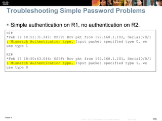 Chapter 3
178© 2007 – 2010, Cisco Systems, Inc. All rights reserved. Cisco Public
Troubleshooting Simple Password Problems
 Simple authentication on R1, no authentication on R2:
R1#
*Feb 17 18:51:31.242: OSPF: Rcv pkt from 192.168.1.102, Serial0/0/1
: Mismatch Authentication type. Input packet specified type 0, we
use type 1
R2#
*Feb 17 18:50:43.046: OSPF: Rcv pkt from 192.168.1.101, Serial0/0/1
: Mismatch Authentication type. Input packet specified type 1, we
use type 0
 