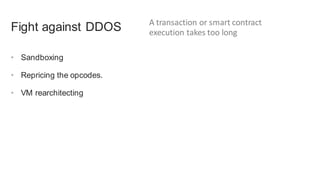 • Sandboxing
• Repricing the opcodes.
• VM rearchitecting
Fight against DDOS A transaction or smart contract
execution takes too long
 