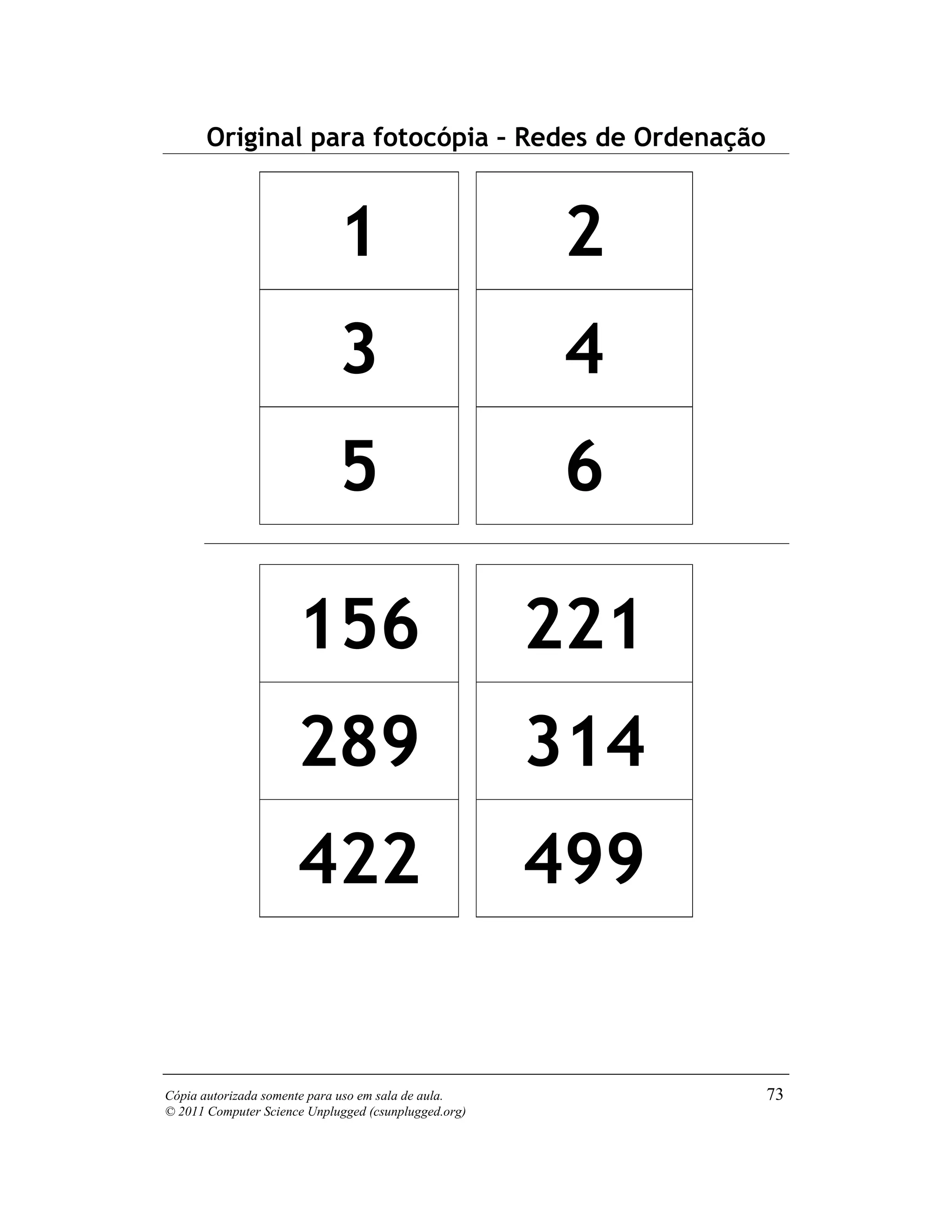 Original para fotocópia – Redes de Ordenação



                             1                        2
                             3                        4
                             5                        6

                      156                             221
                      289                             314
                      422                             499


Cópia autorizada somente para uso em sala de aula.          73
© 2011 Computer Science Unplugged (csunplugged.org)
 