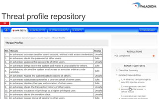 Threat profile repository
33



      Structured process to create Threat Profile
      Select known threats from Paladion

       Repository
      Brainstorm on additional risks

      Consult customer to verify Threat Profile
 