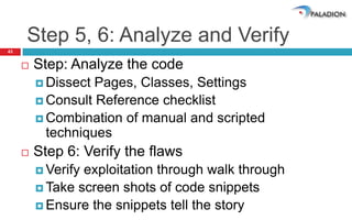 Step 5, 6: Analyze and Verify
43


        Step: Analyze the code
          Dissect Pages, Classes, Settings
          Consult Reference checklist
          Combination of manual and scripted
           techniques
        Step 6: Verify the flaws
          Verifyexploitation through walk through
          Take screen shots of code snippets
          Ensure the snippets tell the story
 