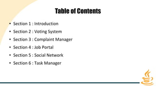 Table of Contents
● Section 1 : Introduction
● Section 2 : Voting System
● Section 3 : Complaint Manager
● Section 4 : Job Portal
● Section 5 : Social Network
● Section 6 : Task Manager
 