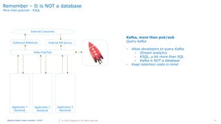 14Apache Kafka| Johan Louwers | 2018 © 2018 Capgemini. All rights reserved.
Kafka Pub/Sub
External API ServiceOutbound WebHook
External Consumers
Application 1
(backend)
Application 3
(backend)
Application 2
(backend)
Remember – It is NOT a database
More than pub/sub - KSQL
Kafka, more than pub/sub
Query kafka
- Allow developers to query Kafka
- Stream analytics
- KSQL, a bit more than SQL
- Kafka is NOT a database
- Keep retention costs in mind
 