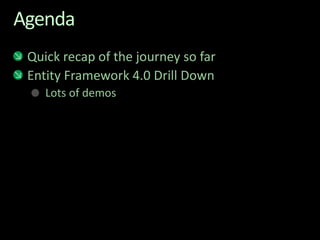 AgendaQuick recap of the journey so farEntity Framework 4.0 Drill DownLots of demos